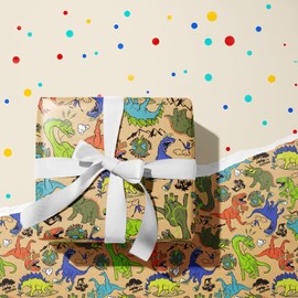 RUSPEPA Kraft Wrapping Paper Roll - Mini Roll - Colorful Dinosaur Design Great for Kids' Birthday, Boys' Birthday Party and More - 17 Inches X 16.5 Feet
