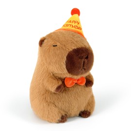 Ditucu Cute Capybara Plush with Happy Birthday Hat Bow Soft Capibara Stuffed Animals Plushies Toys for Birthday Gifts Party Decoration for Kids Brown 13 inch