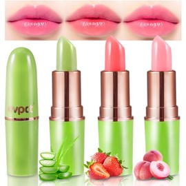 evpct- Juego de 3 bálsamo labial con brillo y color rosa melocotón y fresa de aloe vera que cambia de color