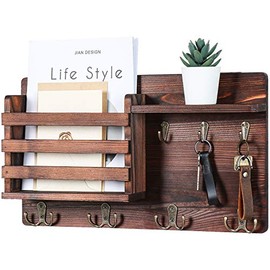 Nekon Mail Holder for Wall Mail Organizer with Key Hooks Hallway Farmhouse Decor Letter Sorter Made of Natural Pine with Floating Shelf and Flush Mount Hardware (16.8Inch x 10Inch x 3.2Inch) (Brown)