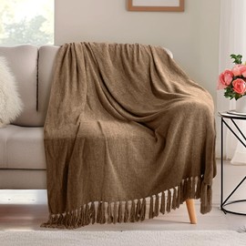 KASENTEX Large Soft Chenille Twin Size Throw Bed Blanket with Fringe Tassel, Lightweight 60x80in Knitted Decorative Throw Blankets, All Season Cozy Warm Boho Blanket for Bed Sofa Gift, Brown