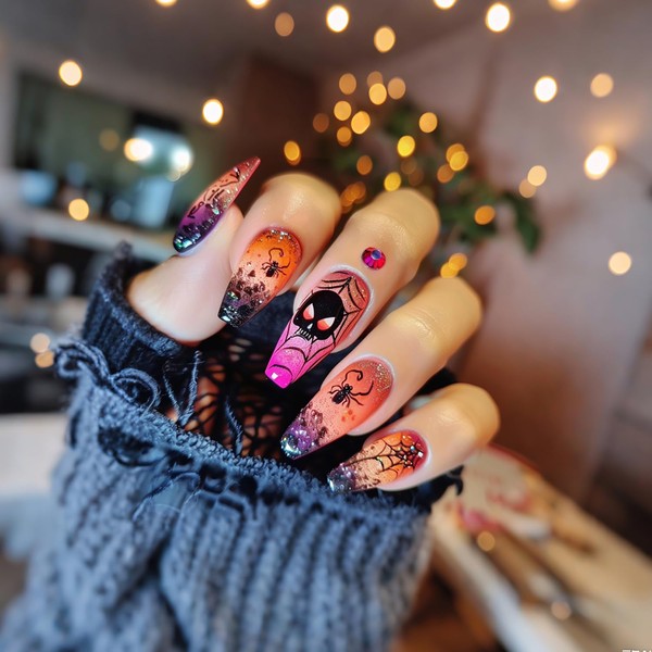 Halloween Press on Nails Medium Ballet Shaped Spider False Nail