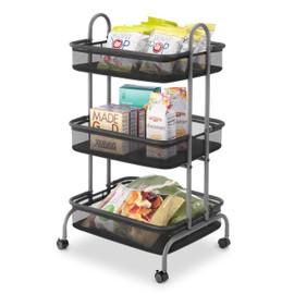Whitmor Storage Cart Metal 3 Tier Rolling Cart with Wheels, Utility Cart for Bathroom, Bedroom, Bitchen, Laundry Room, Black