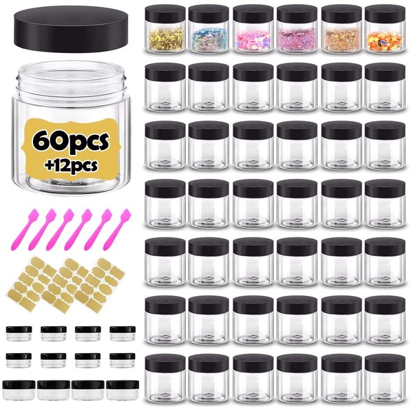 2 oz Plastic Containers with Lids 60pcs Plastic Jars with Lids + 3/5/10 Gram 12pcs Sample Containers Travel Jar– Great for Lip Scrub,Body Butters,Cream,Lotion Free Labels & Spatulas (72 Pack)