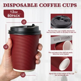 LITOPAK 80 Pack 12 oz Disposable Coffee Cups, Insulated Ripple Wall Paper Coffee Cups, Hot Paper Cups, Three Layer Insulated Coffee Cups with Lid and Straws for Parties, Picnics, and Travel.