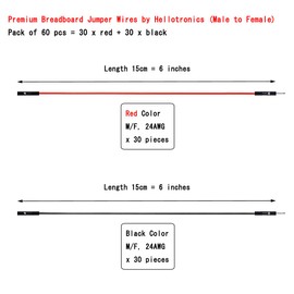 Breadboard Male to Female Jumper Wires Black Red Color for Power Lines 0.1'' Square Head 60-Pack 24AWG by Hellotronics (M/F, 15CM, Pack of 60)