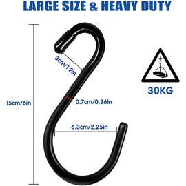Bolatus Pack of 12 S Hooks Large 6 inches / 15 cm Maximum Load 30 kg S-shaped Hanging Hooks Black Heavy Duty Metal Hooks Anti-Rust Hooks for Kitchen Bathroom Bedroom Office Stainless Steel Hooks