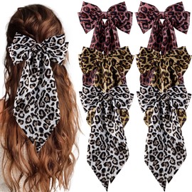 hisial 6Pcs Large Bows Hair Clips for Women Girls Long Tail Hair Ribbon Silky Satin Barrettes Coquette Bows Accessories (Leopard Pink/White/Yellow)