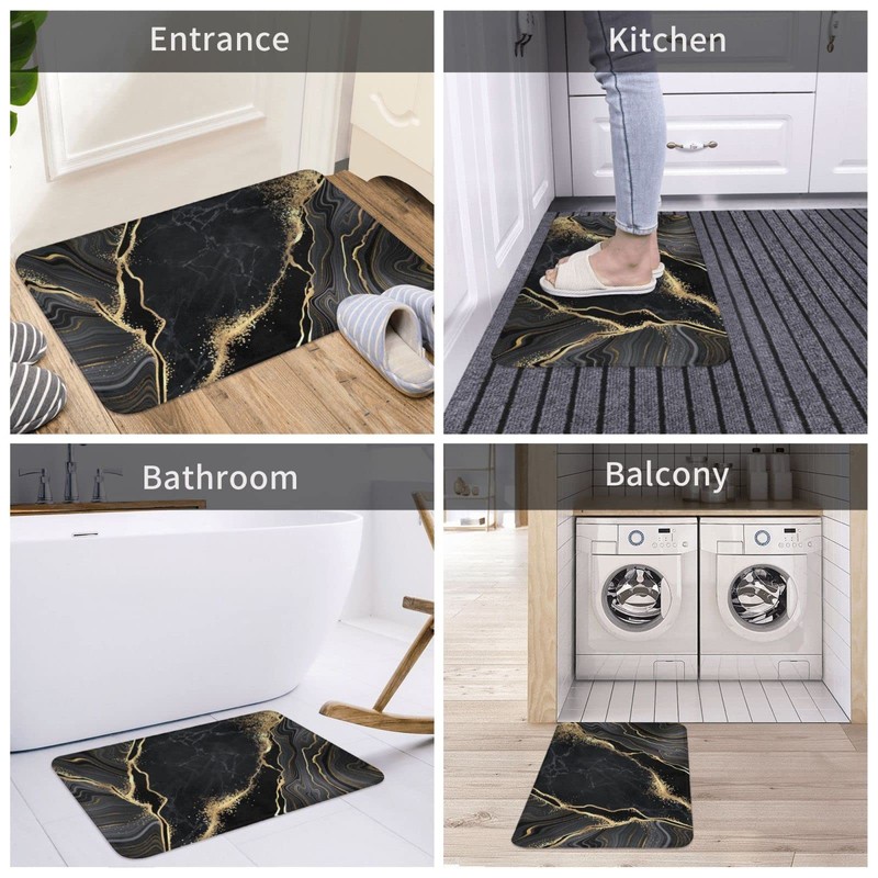 Black and Gold Marble Bath Mats for Bathroom, Soft Absorbent