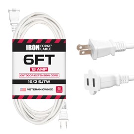 Iron Forge Cable 2 Prong Outdoor Extension Cord 6 ft - 16 Gauge 13 Amp Heavy Duty Power Extension Cords - SJTW - Great for Outdoor/Indoor Lights, Small Appliances, Leaf Blower - White