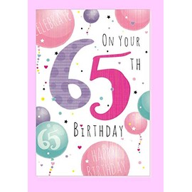 65th Birthday Card - Script Balloons Pink, Green, Lilac 7.5" x 5.25" A112