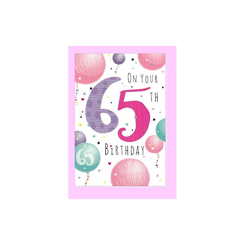 65th Birthday Card - Script Balloons Pink, Green, Lilac 7.5"