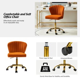 HULALA HOME Home Office Desk Chair with Gold Wheels, Small Cute Vanity Chair with Back for Bedroom, Adjustable Rolling Task Work Seat for Women/Girls, Orange