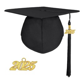 goprety Matte Unisex Graduation Cap with 13 Color Matched Tassel and 2025 Year Charm Black