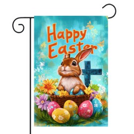 BlissYard Easter Garden Flag 12x18 Inch Double Sided Bunny Yard Decoration Basket Cross Coloful Flowers Eggs for Outside Outdoor Garden Patio Lawn Yard Décor