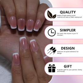 MOTIBACK 32PCS French Nail Manicure,Square Medium-Length Glossy Full Cover False Nails,Skin Pink Color Press on Fake Wearable Nails,French Gel Nail Tips Pre-Lasting, Fake Nails for Nail Art DIY