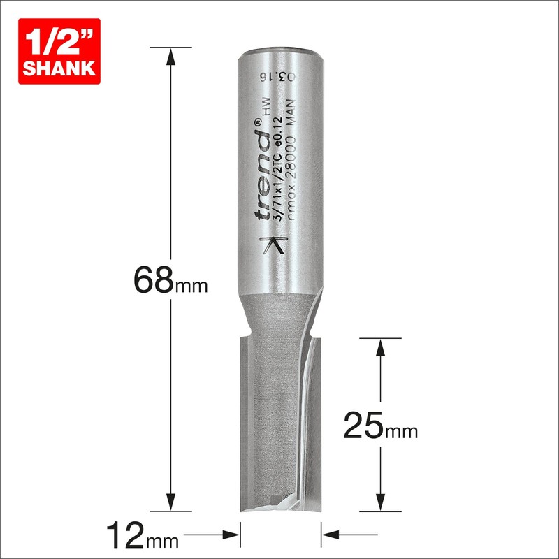 Trend Professional Straight Two Flute Router Cutter, 1/2 Inch Shank,