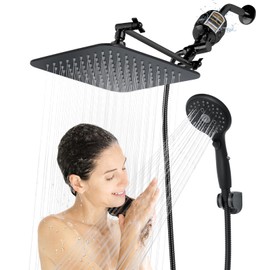 10'' Dual 20 Stage Filtered Shower Head with Handheld, 6 Spray Settings Handheld Shower Head High Pressure Rainfall Filter Combo with 12'' Adjustable Extension Arm, 71'' Shower Hose (Matte Black)