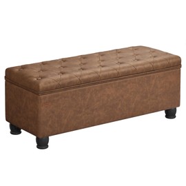 SONGMICS Storage Ottoman, Storage Bench, Tufted Entryway Bedroom Bench, 17.7 x 46.5 x 17.7 Inches, Hinges Easy Lid Operation, Wooden Legs, Synthetic Leather, Loads 330 lb, Coffee Brown ULOM071K01