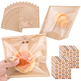 Ptwola 300 Pcs Heat-Sealable Bakery Bags with Window 7.9x7.3 Inch Grease Resistant Kraft Bakery Pastry Bags Clear Front To Go Food Pouch with Stickers for Cookies, Donuts, Sandwich