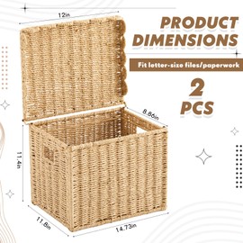 Jingmore 2 Pack Paper Rope File Storage Box with Scalloped Lid Collapsible Letter Size Hanging Filing Organizer Basket for Home, Woven Decorative Document Storage School Years Memory Box