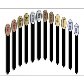 Red Tail Crafters Herb Garden Plant Markers Laser Etched Metallic Oval Stick Style 12/Set 08in Brushed Silver/Black