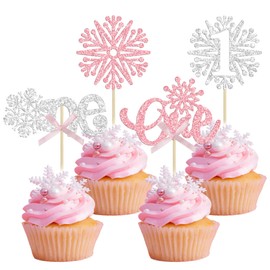 24 piezas de copos de nieve de una magdalena, copos de nieve con purpurina para el primer cumpleaños para el invierno con temática de Onederland, baby shower, 1er cumpleaños, decoración de pasteles, color rosa