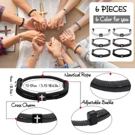 Landical 6 Pcs Braided Cross Bracelet Men Women Adjustable Rope Jesus Bracelet with Metal Knot WWJD Bracelet Christian Gift(Dark Color)