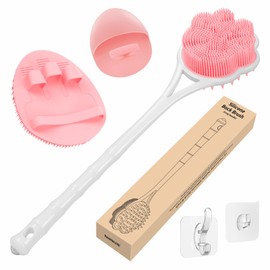 Manmihealth 15.7" Cute Silicone Back Scrubber & Soft Shower Brush Face Scrubber Set (3 PCS), Paw-Shaped Silicone Back Brush & Body Facial Scrubber with Super-Soft Bristles Combination(PinkSet)
