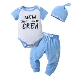 Newborn Baby Boy Romper Clothes Little Infant Boys Letter Print Short Sleeve Tops Long Pants Hat 3PCS Outfits Set 3-6 Months Blue
