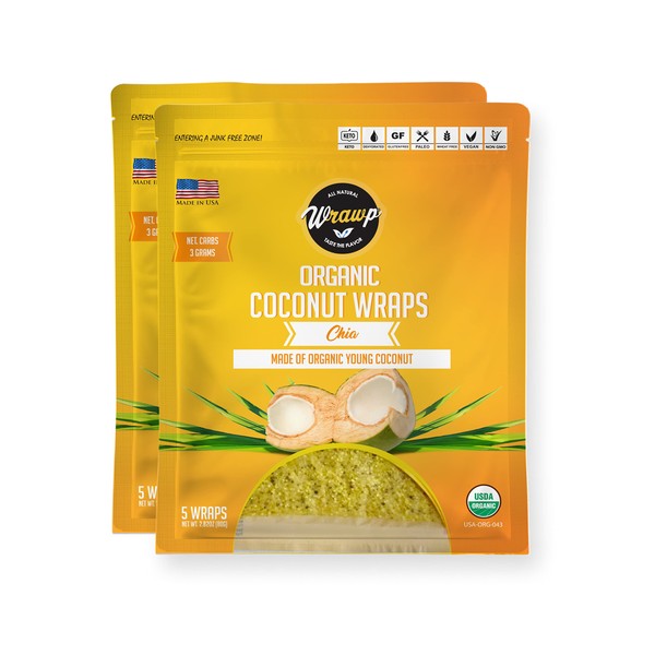 WrawP Chia Coconut Wraps Paquete de 2 paquetes de Coco Nori Chia (Raw Vegan Paleo sin gluten) Hecho de cocos tailandeses jóvenes a base de plantas (10 hojas) Keto fabricado en los Estados Unidos