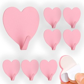 DueHoppee 8 Pack Pink Cute Hooks, Heart Shaped Suitable for Room Decor, Stainless Steel Strong Adhesive Hooks Used for Hanging Coats Hats Keys Towels Eyewear Tools