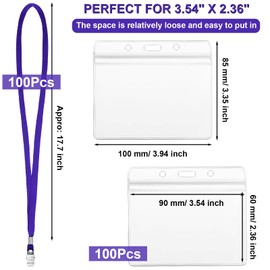 Marspark 100 Sets Clear Name Tags with Lanyard, Lanyards for ID Badges Reusable Strap with ID Holder Plastic Name Badges for Adults Business School Church Conference (Dark Purple)