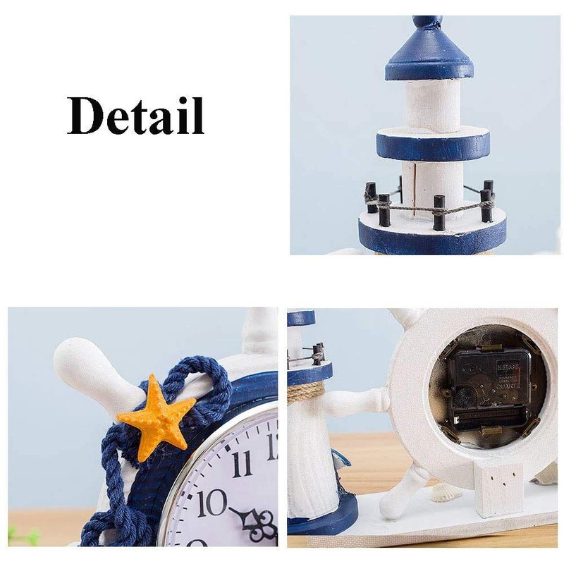 RTGGSEL Mediterranean Style Nautical Silent Desk Clock Lighthouse Helm Wooden