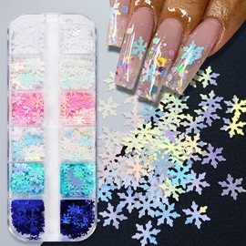 12 Grids 3D Snowflake Nail Art Stickers Holographic Laser Snowflake Nail Decals Christmas Nail Glitter Sequins Xmas White Snowflake Glitter for Nails Art Decoration Winter Snow Nail Glitter Flakes