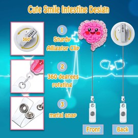 ANDGING Smile Stomach Nurse Badge Reel Holder, Funny Glitter Pink Badge Reels Retractable for Nurses Cute Badge Clip RN LVN LPN CNA Nursing Student Essentials ID Card Badge with Alligator Clip
