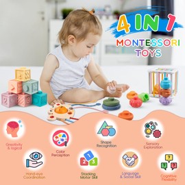 Fozcmisw Baby Toy, 4 in 1 Montessori Toy Set, Baby Toy, Motor Skills Toy, Stacking Tower, Baby Gift