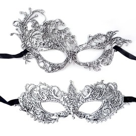 Honbay 2PCS Mysterious Fun Lace Masks for Masquerade Proms, Hallowmas Party, Photo Shoot (Silver)