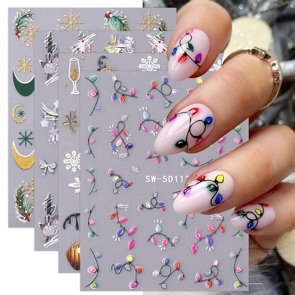 JMEOWIO 3D Nagelsticker Weihnachten Buntes Licht Nail Art Sticker Selbstklebend