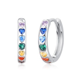 KINGWHYTE Chakra Hoop Earrings 925 Sterling Silver Small Huggie Earrings Chakra Healing Yoga Gift for Women, Sterling Silver, Cubic Zirconia