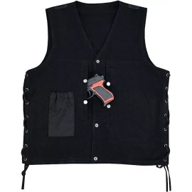 Vance MEN'S BLACK DENIM MOTORCYCLE V NECK VEST WITH SIDE LACES 2 GUN POCKETS - Regular, M