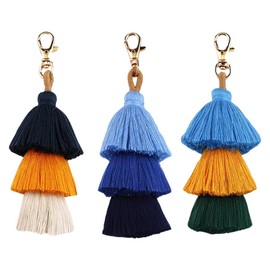 KBRPEY Pack of 3 Key Chains Ethnic Vintage Style Mixed Colours Decorative Handbag Buckle Bag Charm with Tassel Lucky Charm, multicoloured