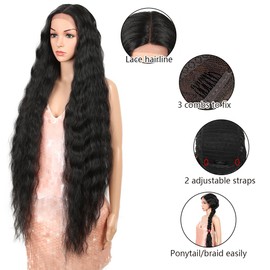 Style Icon 40" Super Long Curly Lace Front Wig for Women T Part Lace Wig with Baby Hair Synthetic Heat Resistant Fiber Bohemian Wavy (1B)