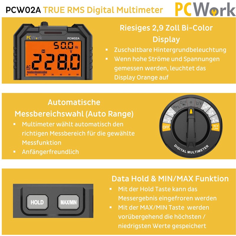 PCWork Professional Digital Multimeter PCW02A, Multimeter 1000V, True RMS, Large