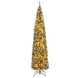 HOMGX 8FT Pre-Lit Pencil Christmas Tree, Artificial Xmas Tree with 591 Tips, 300 Warm LED Lights, Space-Saving Holiday Decoration, Elegant Slim Xmas Tree for Home Decoration
