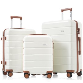 Merax Luggage Set 3 Piece, ABS Durable Lightweight, 360 Silent Spinner Wheel, TSA Lock, ivory and brown, 20/24/28 Inch