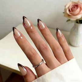 Uñas postizas cortas cuadradas con punta francesa color marrón café cromado, uñas postizas de gel esmaltadas, uñas postizas reutilizables con pegament