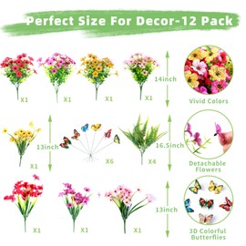 jabeick Artificial Flowers For Outdoors, 12 Bundles UV Resistant Fake Outdoor Flowers Faux Artificial Flower Plastic Plants for Outside Garden Porch Window Pot Spring Summer Home Decor (Multi Color-B, 12)