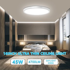 WKONCLDY 4700lm LED Flush Mount Ceiling Light, Super Slim 16 inch LED Ceiling Light, 5000K LED Ceiling Light for Bedroom, Living Room, Dining Room (White, One Pack)
