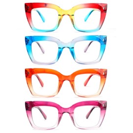 MMOWW 4 Pack Fashion Square Reading Glasses for Women Men Blue Light Blocking Readers with Spring Hinges, Rainbow/Blue/Orange/Purple +3.0